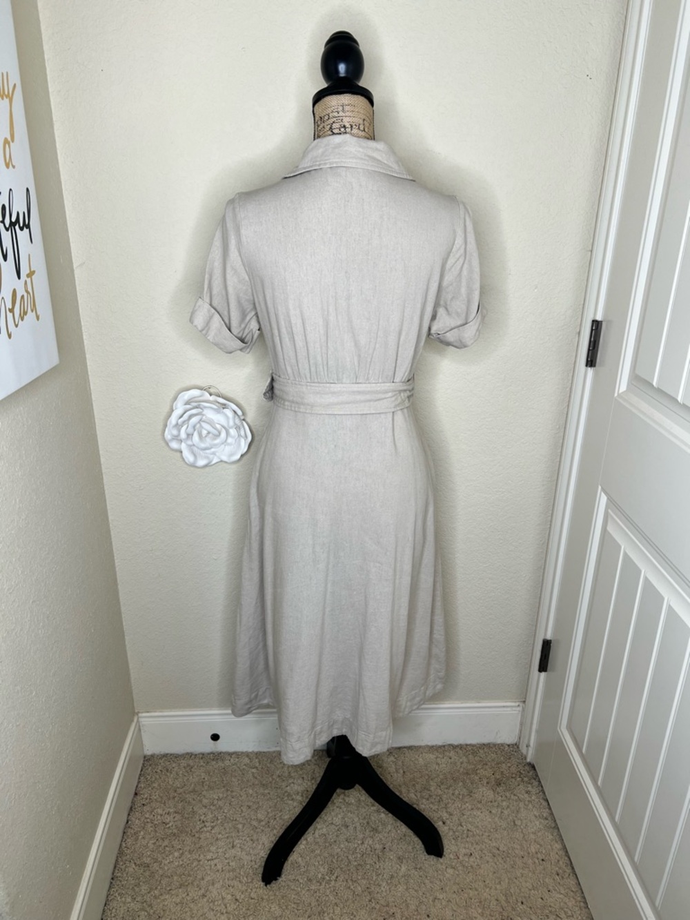 NTM Tahari Linen Blend Shirt Dress Belted Button Front Taupe XS Midi Pockets - Picture 10 of 16